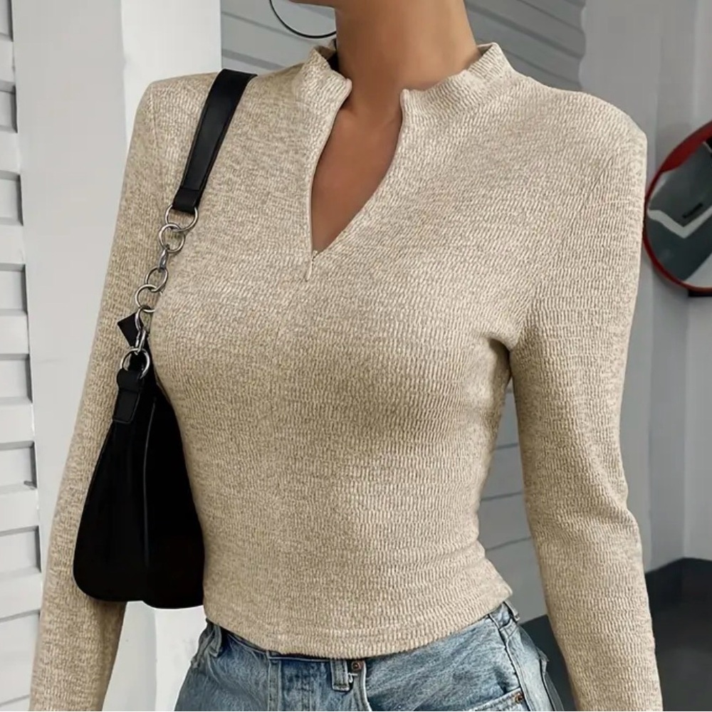 Ribbed Knit Long Sleeve Top - Gray